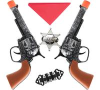 DDA-5 Pièces Kids Wild West Cowboy Sheriff Double Gun Set avec 2 Cowboy Toy Guns, Red Bandana, Bullet Clip et Sheriff Badge pour Role Play, Drama Performance, Dress Up Party