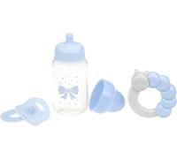 DDA-JC Toys Lot de 3 accessoires pour poupée (biberon, tétine et hochet), bleu, s'adapte à toutes les poupées jusqu'à 50 cm, +2 ans