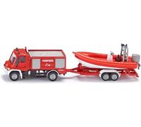 DDA-siku 1636, Unimog de Pompiers avec Bateau, E: 1:87, Métal/plastique, Rouge, bateau flottant