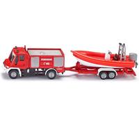 DDA-siku 1636, Unimog des pompiers avec bateau, 1:87, métal/plastique, rouge, camion de pompiers et bateau flottant, pneus en caoutchouc, attelage de remorque