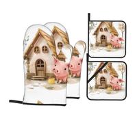 DDCXZPP Little Pink Pig Building House Ensemble de 4 maniques et maniques imprimées - Résistant à la chaleur, imperméable et durable