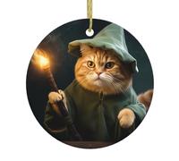 DDCXZPP Pendentif rond en céramique imprimé chat magicien - 7,4 cm équipé d'une corde métallique dorée durable pour l'accrocher facilement aux arbres de Noël