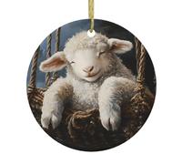 DDCXZPP Pendentif rond en céramique imprimé L'agneau endormi dans le berceau - 7,4 cm équipé d'un câble métallique doré durable pour l'accrocher facilement aux arbres de Noël