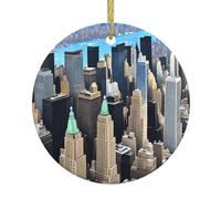 DDCXZPP Pendentif rond en céramique imprimé paysage de la ville de New York - 7,4 cm équipé d'une corde métallique dorée durable pour l'accrocher facilement aux arbres de Noël