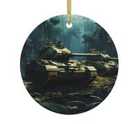 DDCXZPP Pendentif rond en céramique imprimé Tanks in The Jungle - 7,4 cm - Équipé d'une corde métallique dorée durable pour l'accrocher facilement aux arbres de Noël