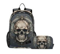 DDDIYEU Crâne De Boussole D'Art Abstrait Sac D'École Sac À Dos Étudiant avec Sac À Lunch pour Les Enfants Voyageant Garçon
