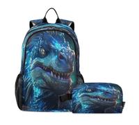 DDDIYEU Dragon De Komodo Bleu FéRoce Sac D'École Sac À Dos Étudiant avec Sac À Lunch pour Les Enfants Voyageant Garçon