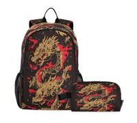 DDDIYEU Dragon En ColèRe Doré Noir Sac D'École Sac À Dos Étudiant avec Sac À Lunch pour Les Enfants Voyageant Garçon