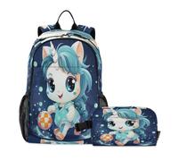 DDDIYEU Licorne Bleue En Cours D'exéCution Oeuvre Sac D'École Sac À Dos Étudiant avec Sac À Lunch pour Les Enfants Voyageant Garçon