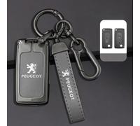 DDHHBH Coque Clé pour Peugeot 407,Alliage Protège Clé Voiture Couvre Cléa avec Embleme Logo Anti-Rayures avec Cuir Porte Clé Étui de Carte Clé Telécommande Voiture,D-Grey