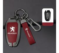 DDHHBH Coque Clé pour Peugeot 407,Alliage Protège Clé Voiture Couvre Cléa avec Embleme Logo Anti-Rayures avec Cuir Porte Clé Étui de Carte Clé Telécommande Voiture,B-Red