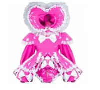 DDINGHOONQPODFR FEMME Robe Sissy verrouillable en PVC Rose et Blanc Chapeau Femme de ménage Uniforme Cosplay Personnalisé, Rose, L