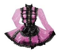 DDINGHOONQPODFR Tenue de soubrette verrouillable sur le devant avec tablier à col haut en PVC pour cosplay, mini uniforme de fête, rose, XL