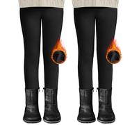 DDOBB Pack de 2 Leggings Thermiques Fille - Leggings d'hiver doublés avec doublure polaire - Leggings haute taille thermiques épais et chauds pour enfants - Pantalon long pour tous les jours, Noir x 2