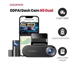 DDPAI N5 Caméra embarquée double 4K avant et arrière, 2160 p + 1080 p, GPS et Wi-Fi 5 GHz, mémoire eMMC 32 Go intégrée, vision nocturne, mode stationnement 24 h, application intelligente