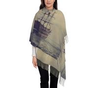 DDSFvbv Old Pirate Ship in The Sea Écharpe douce à pompons pour femme - Châle long, confortable et léger, accessoire de mode, Noir/blanc, taille unique