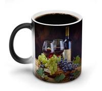 DDTKLSNV Art Red Wine Galsses & Grapes Tasse à café en céramique sensible à la chaleur 325 ml Tasse à café magique à changement de couleur pour homme et femme