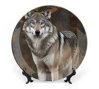 DDTKLSNV Assiette décorative en porcelaine anglaise avec loup gris sauvage sauvage avec présentoir - Décoration murale en céramique pour la maison et le bureau - 25,4 cm