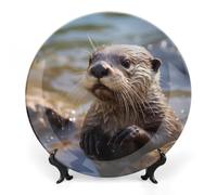 DDTKLSNV Assiette décorative en porcelaine anglaise avec loutre jouant dans l'eau - Assiette décorative en céramique avec présentoir - Décoration murale pour la maison et le bureau - 15,2 cm