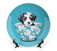 DDTKLSNV Assiette décorative en porcelaine anglaise en forme de chiot dans une tasse avec support de présentation - Décoration murale pour la maison et le bureau - 17,8 cm