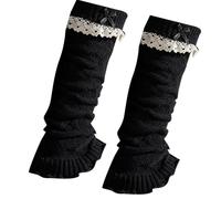 Ddujbtp Jambières tricotées extensibles pour femme avec nœuds japonais en dentelle à volants - Couvre-jambes streetwear sans pieds - Chaussettes tendance avec bordure en dentelle, vagues noires