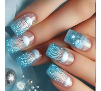De 24 faux ongles carrés de taille moyenne, art de méduse bleu givré, confortable à presser artificiel pour femmes, événement Blue Ice translucide carré à presser sur ABS