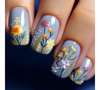 De 24 faux ongles carrés français courts avec des motifs floraux brillants, appuyez dessus pour une application facile, couvertures complètes