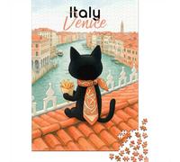 De Adulte Black Cat in Venice with Fries Puzzle en Bois, 1000 pièces