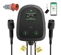 dé Borne de Recharge Double 2×11kW [2×16A, Triphasé] avec Câble 7m+10m | Recharge de deux véhicules simultanément, courant et temps réglables, contrôle par App/RFID/écran tactile, accessoires inclus