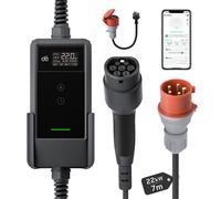 dé Borne de recharge murale mobile 22 kW avec application, Triphasée 7 m 6-32 A, Câble de recharge CEE 32 A vers Type 2, Chargeur pour véhicules électriques et hybrides rechargeables