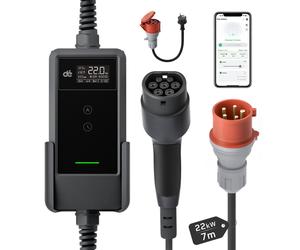 dé Borne de recharge murale mobile 22 kW avec application, Triphasée 7 m 6-32 A, Câble de recharge CEE 32 A vers Type 2, Chargeur pour véhicules électriques et hybrides rechargeables