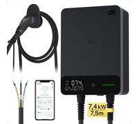 dé Borne de Recharge Véhicule Électrique 7,4 kW avec application et câble Type 2 de 7,5 m, Wallbox 7 kW Type 2 monophasé, IP54, RFID, 6-32 A (230 V), Démarrage différé 0,5-8 h, DDI Type A 30 mA CA + 6