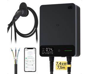 dé Borne de Recharge Véhicule Électrique 7,4 kW avec application et câble Type 2 de 7,5 m, Wallbox 7 kW Type 2 monophasé, IP54, RFID, 6-32 A (230 V), Démarrage différé 0,5-8 h, DDI Type A 30 mA CA + 6