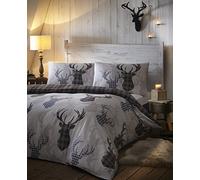 DE CAMA Cerf Tartan Carreaux Gris Argent Animal Parure de lit avec Housse de Couette de cerf, Noir, Double