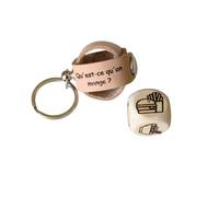 Dé de décision en Bois gravé avec étui en Cuir Fait Main - Porte-clé Artisanal personnalisé - Plusieurs thèmes Disponibles : dîner, Sortie, activités - Gravure Incluse (Diner)