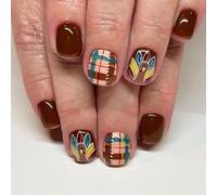 De Dinde Festif Ongles Artificiels À Carreaux Court Carré Presse Sur Les Ongles ABS Facile À Appliquer Thanksgiving Press On Nail Turkey Pattern