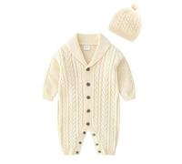 De feuilles Body Bébé Grenouillères avec Bonnet Naissance Manches Longues Combinaison Barboteuse Ensemble de Pyjama en Tricot Beige-02 12-18 mois