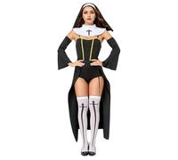 De feuilles Costume de Nonne Femme Sexy Déguisement Halloween Kit Religieuse Robe de Bonne Soeur avec Coiffe Bonnet Couvent Paire des Gants Chaussettes Montantes (6pcs, M)