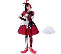 De feuilles Déguisement Cirque Femme Robe de Clown Rouge Noir Ensemble Costume Arlequin 5 PCS Tenue Soirée Carnival Halloween Noël Pièce Comique