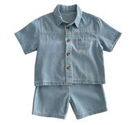 De feuilles Ensemble 2 PCS Bébé Enfant Unisexe Vêtement en Jeans Top Shirts Boutonné Manche Courte + Short Pants en Denim pour 0 à 6 Ans