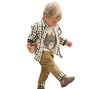 De feuilles Ensemble Garçon Bébé 3pc Combinaison Chemise Carreau + T-Shirt + Pantalons Casual Pull Longues Manches Haut(Kaki,12-18 mois/80)