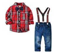De feuilles Ensembles Garçon Chemise et Salopette Haut Top Motif Imprimé Carreau Bébé Enfant Mignon Printemps Automne en Coton