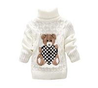 De feuilles Pull à Grosses Torsades Col Roulé Bébé Fille en Tricot Manches Longues Haut Chandail Motif Imprimé Ours(Blanc-02,12-18 mois/90)