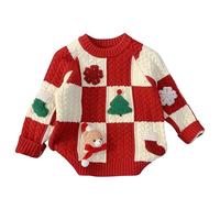De feuilles Pull de Noël en Tricot Bébé Enfant Fille 0-8 Ans Pullover Chandail Rouge Coton Tricoté Col Rond avec Ourson Sapin Noël 3D Style Mignon