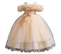 De feuilles Robe Demoiselle Honneur Enfant Fille Elégante Robe Soirée Mariage Victorienne Longue Maxi Tulle Multicouche Epaule Froide Paillette Fleurie Encolure Pétale Dentelle 4 à 12 Ans
