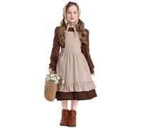 De feuilles Robe Paysanne Enfant Fille Costume de Village Tenue Soubrette Française Elégant Déguisement Victorien Médiéval Colonial avec Tablier Bonnet pour 2 à 16 Ans