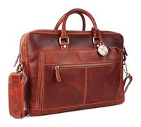 DE LAMASSU Aiden - Sacoche pour ordinateur portable en cuir - Unisexe - Jusqu'à 16" - Avec compartiment de rangement, sangle à roulettes et emballage cadeau, Cognac foncé