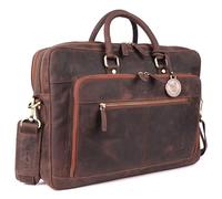 DE LAMASSU Aiden - Sacoche pour ordinateur portable en cuir - Unisexe - Jusqu'à 16" - Avec compartiment de rangement, sangle à roulettes et emballage cadeau, Braun Hunter