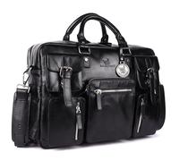 DE LAMASSU Dorian Sacoche en cuir pour ordinateur portable jusqu'à 17" avec sangle à roulettes, 5 poches extérieures, côtés extensibles, emballage cadeau de luxe, Noir