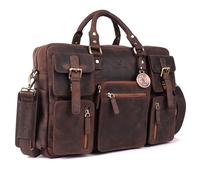 DE LAMASSU Dorian Sacoche en cuir pour ordinateur portable jusqu'à 17" avec sangle à roulettes, 5 poches extérieures, côtés extensibles, emballage cadeau de luxe, Braun Hunter